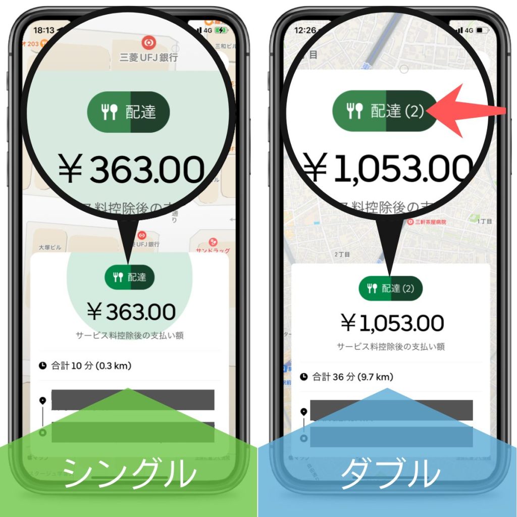 ウーバーイーツのシングルとダブルの説明画像