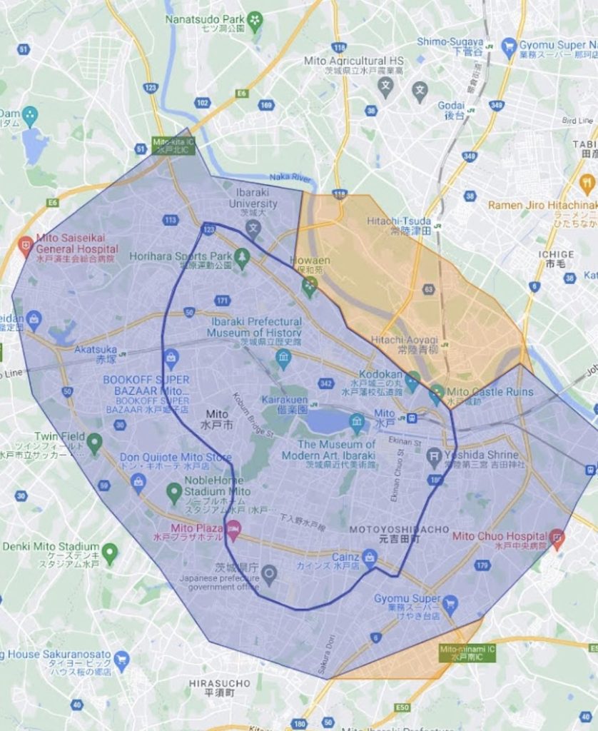 水戸市のウーバーイーツエリア拡大マップ