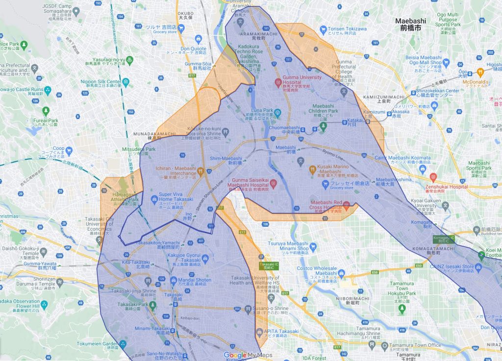 高崎市、前橋市のウーバーイーツエリア拡大マップ