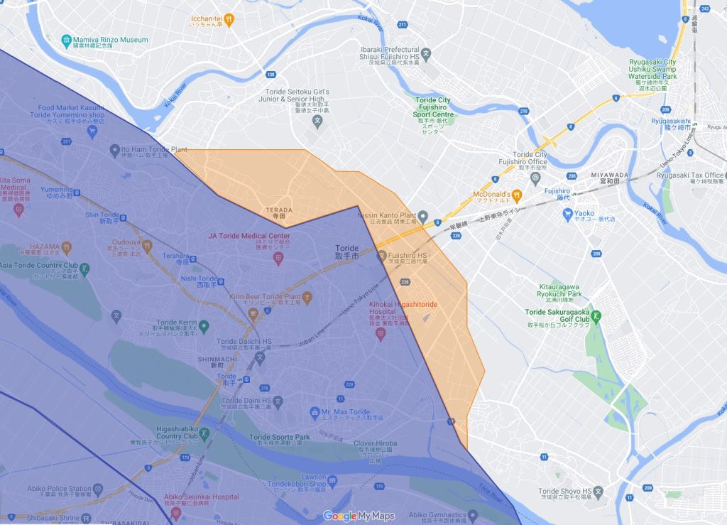 取手市のウーバーイーツエリア拡大マップ
