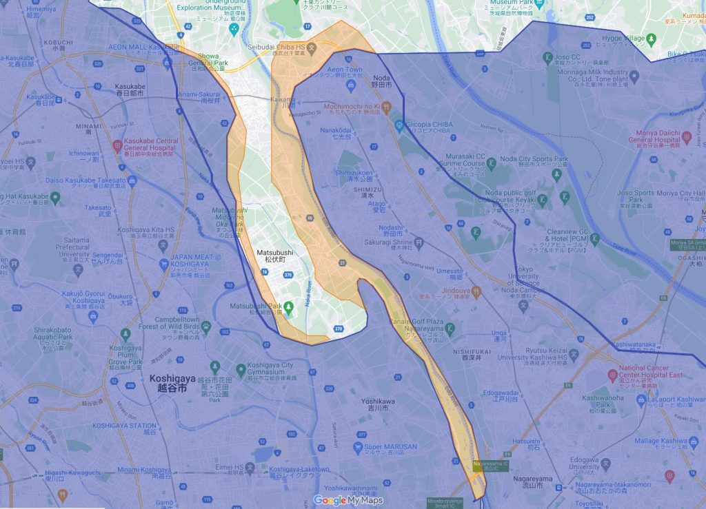 春日部市、野田市のウーバーイーツエリア拡大マップ