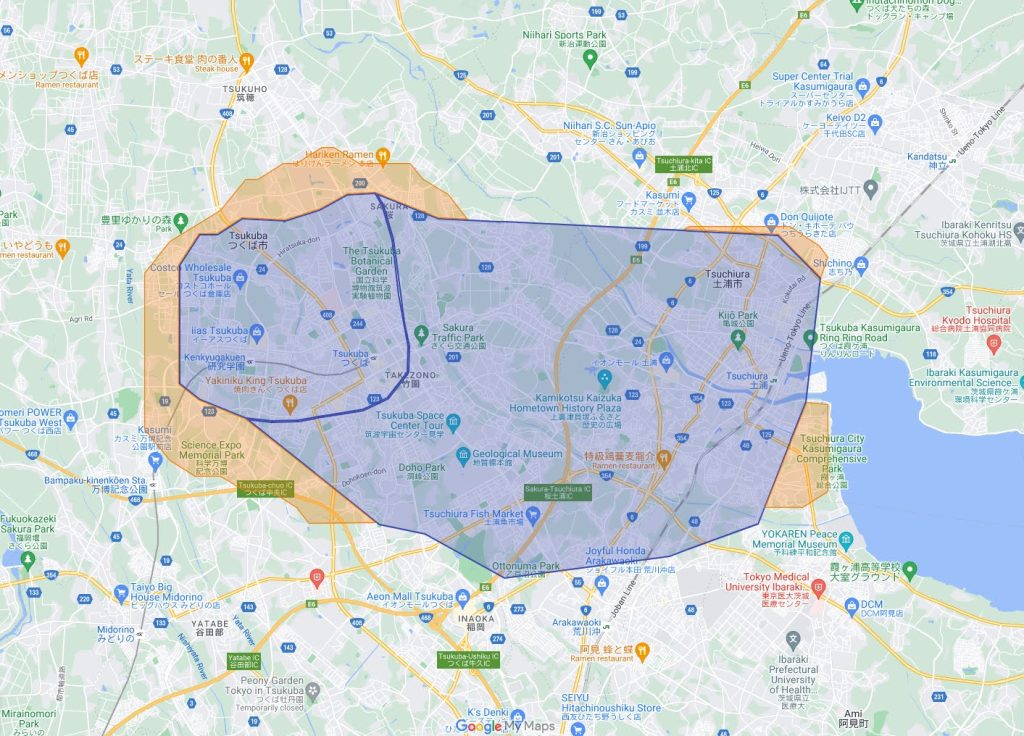 つくば市、土浦市、阿見町のウーバーイーツエリア拡大マップ