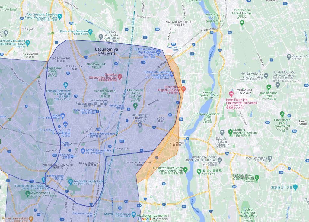 宇都宮市のウーバーイーツエリア拡大マップ