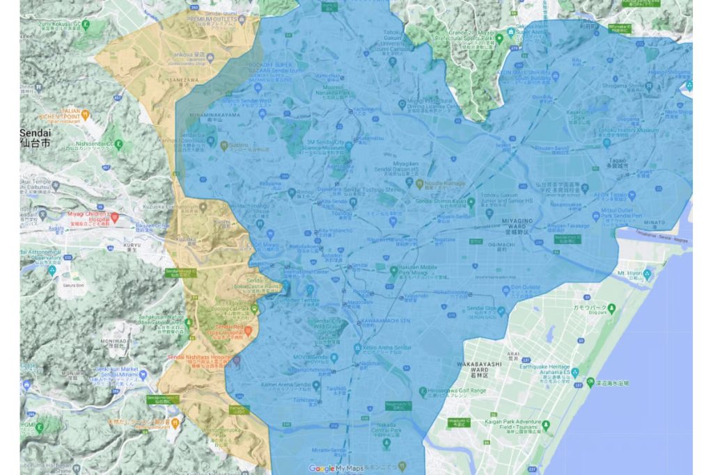 宮城県仙台市泉区、青葉区、太白区、名取市