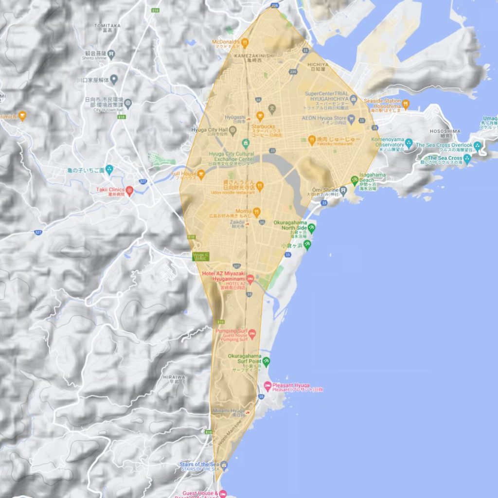 ウーバーイーツ宮崎県日向市のエリアマップ