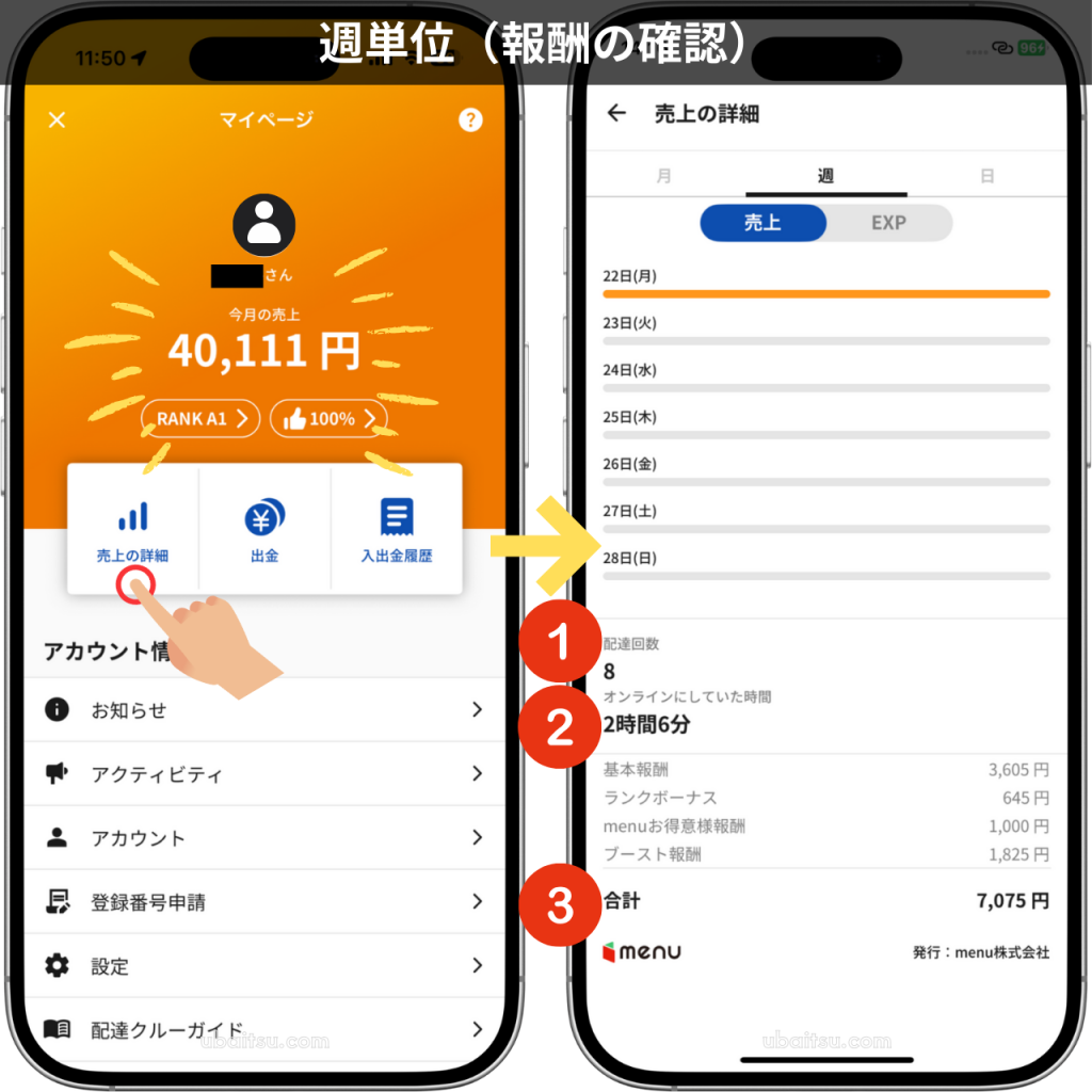 menuドライバーアプリの売上詳細画面で週単位の報酬と稼働時間を確認する方法