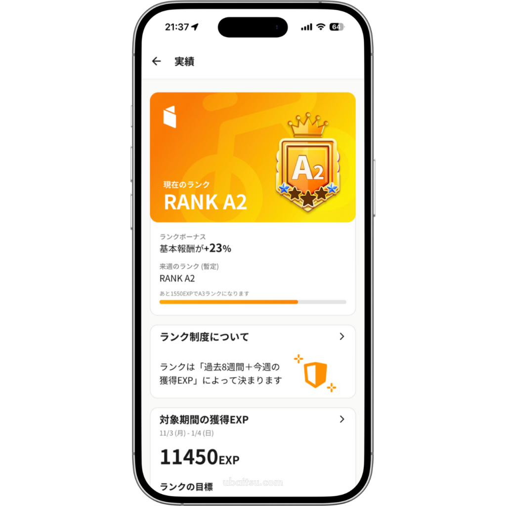 menu配達員のランク確認画面、100回の配達でA2ランクまで到達、獲得経験値は11450EXP