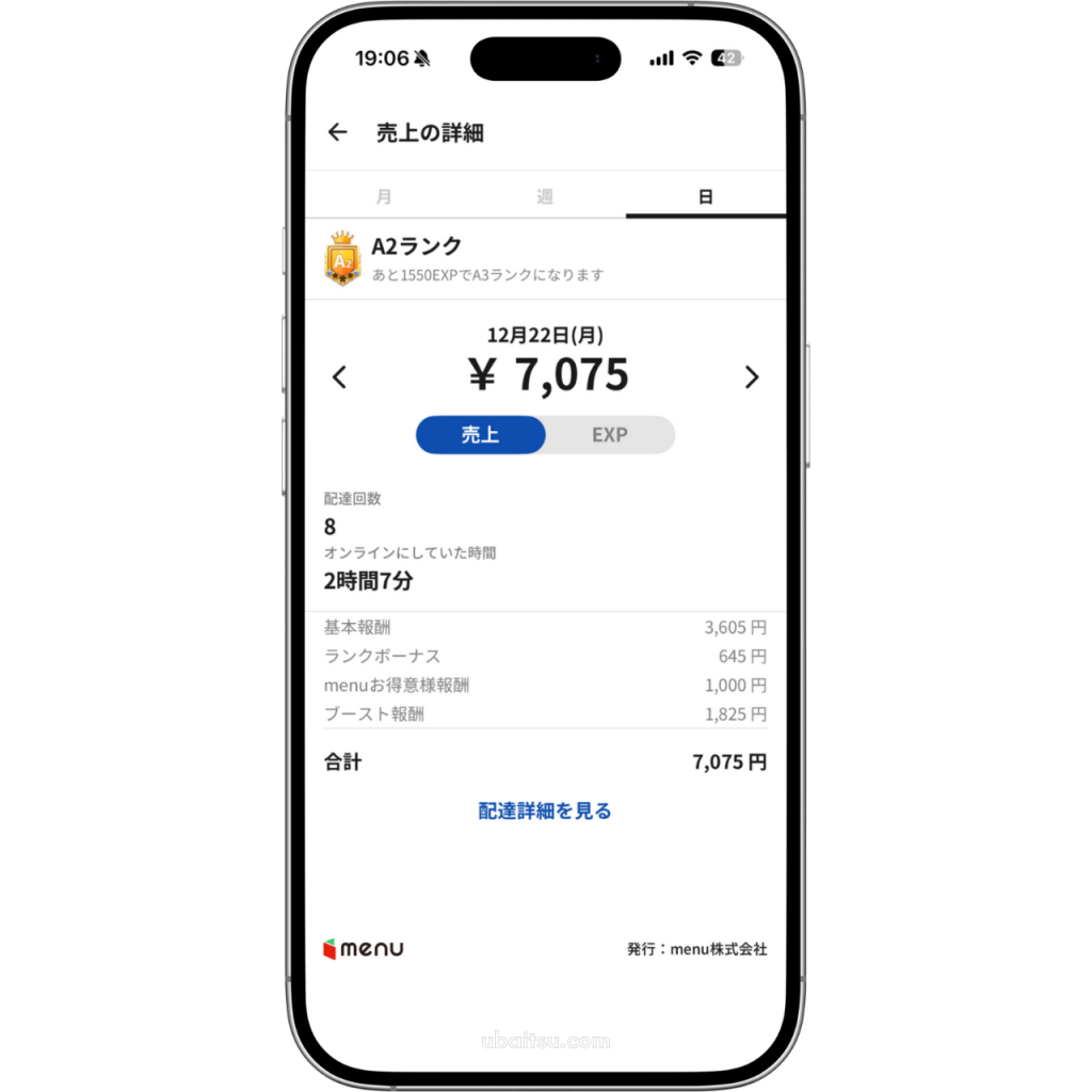 menu配達で時給3,342円を記録した日の売上詳細。2時間で7,000円超えの高効率稼働データ