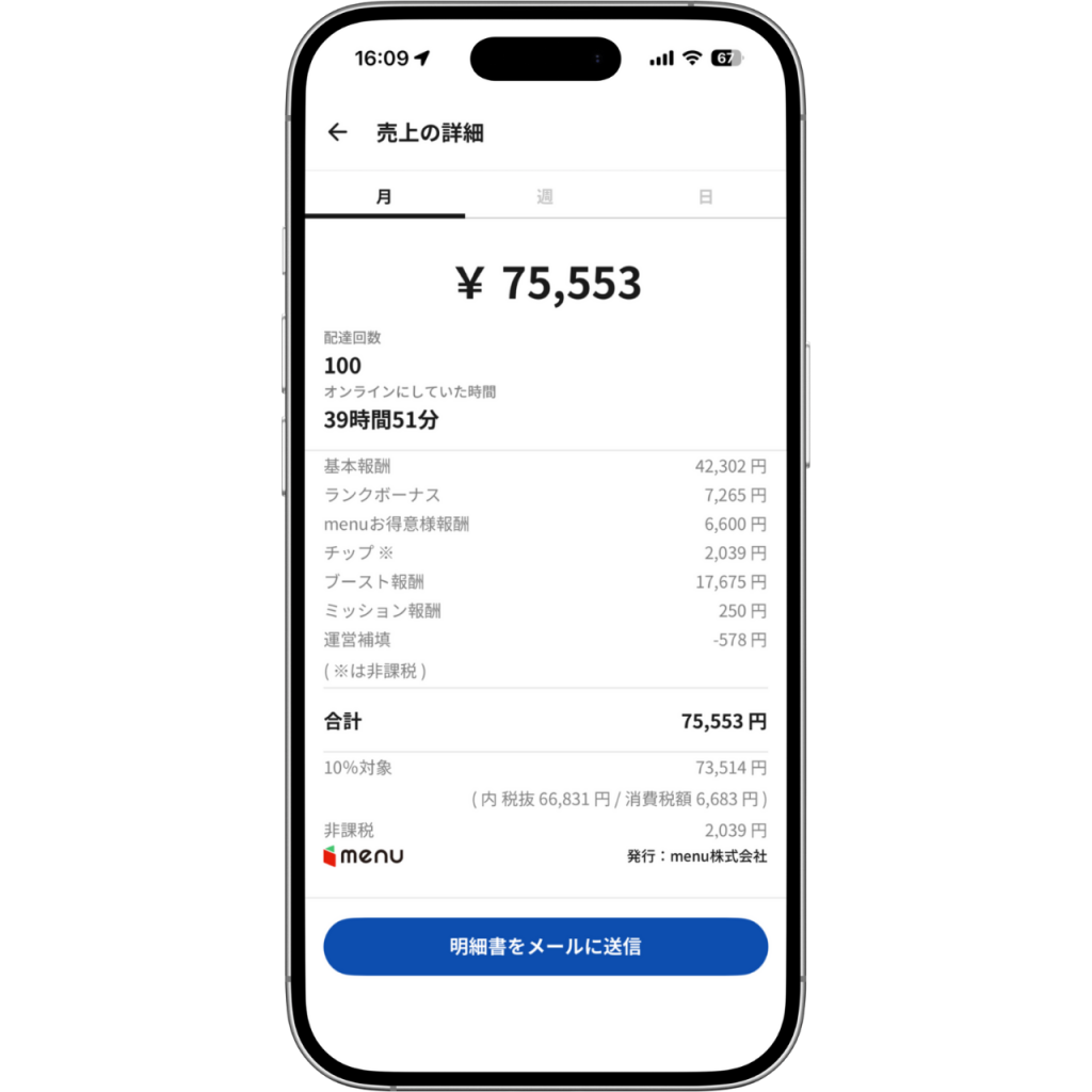 menu配達員のドライバーアプリの月間報酬画面、100件の配達件数で75,553円の合計報酬が表示されている