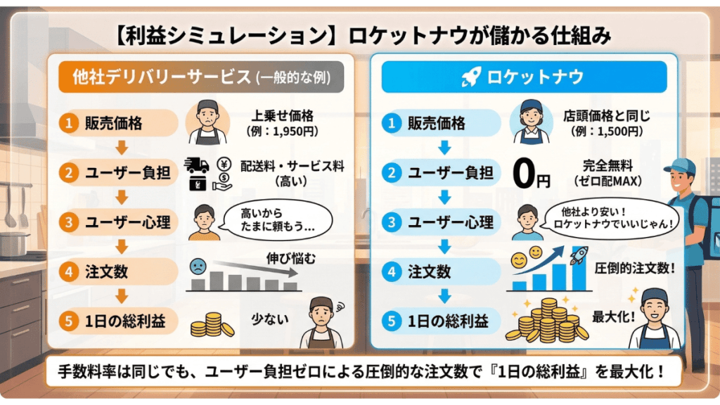 ロケットナウと他社デリバリーの利益シミュレーション比較図。他社は上乗せ価格により注文数が伸び悩む一方、ロケットナウは店頭価格と同じ設定（ユーザー負担0円）により圧倒的な注文数を獲得し、1日の総利益を最大化する仕組みを解説。