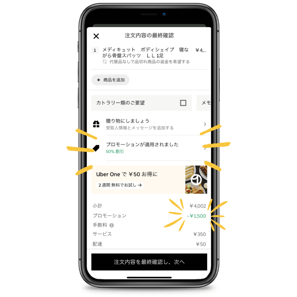 Uber Eats の注文内容最終確認画面。「プロモーションが適用されました 50% 割引」と表示され、4,002円の小計でプロモーション割引として 1,500円が差し引かれている様子。