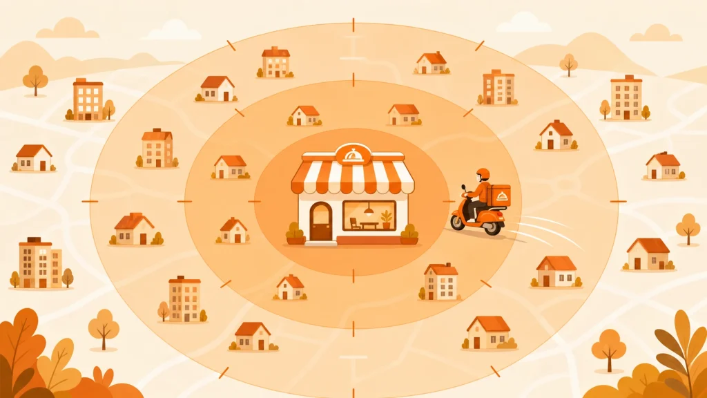 出前館の配達範囲イメージ図：店舗を中心とした同心円で半径2.5〜3.5km前後の配達エリアと配達員を示した解説図