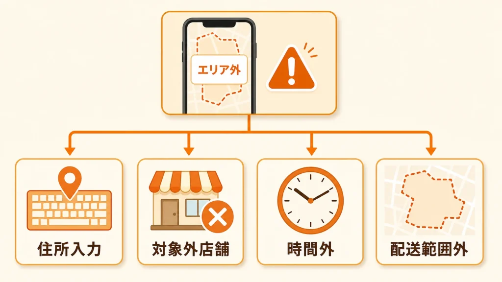 出前館で配達エリア外と表示される4つの原因フロー図：住所入力ミス・加盟店縮小・時間帯・境界線住所の判定チャート
