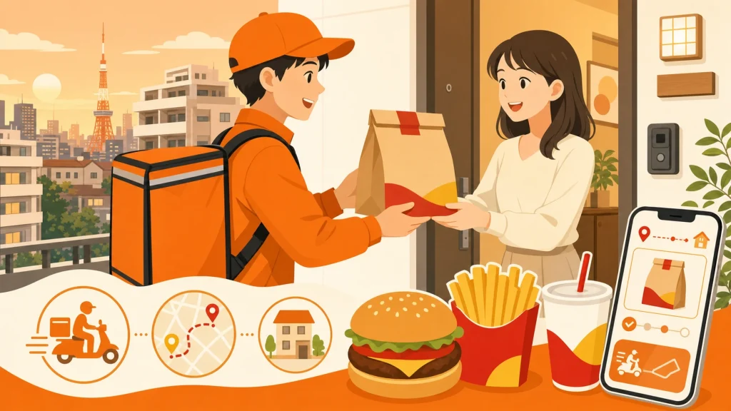 出前館でマクドナルドを注文する様子を表したアイキャッチ（配達員から商品を受け取る玄関先のイラスト）