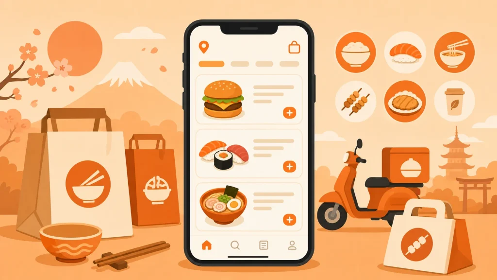 出前館のメニューを使いこなすためのガイドアイキャッチ画像。スマホで料理を選ぶイメージと宅配バイクで2026年最新の注文方法を表現