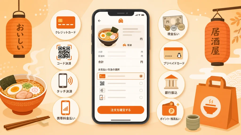 出前館の支払い方法8種類をスマホとアイコンで紹介するアイキャッチイラスト