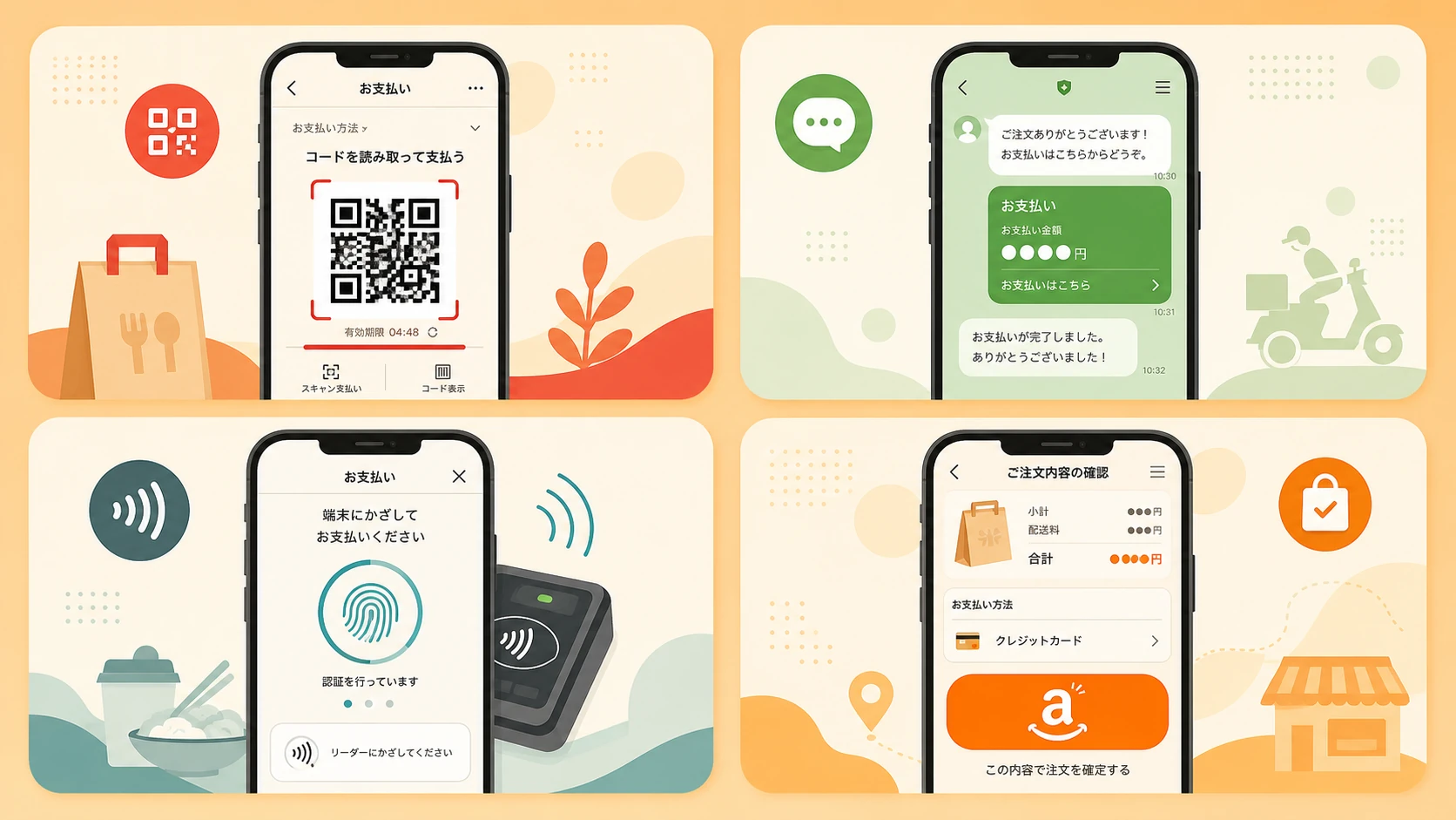 出前館で使えるQRコード・スマホ決済4種類（PayPay／LINE Pay／Apple Pay／Amazon Pay）を並べたイラスト