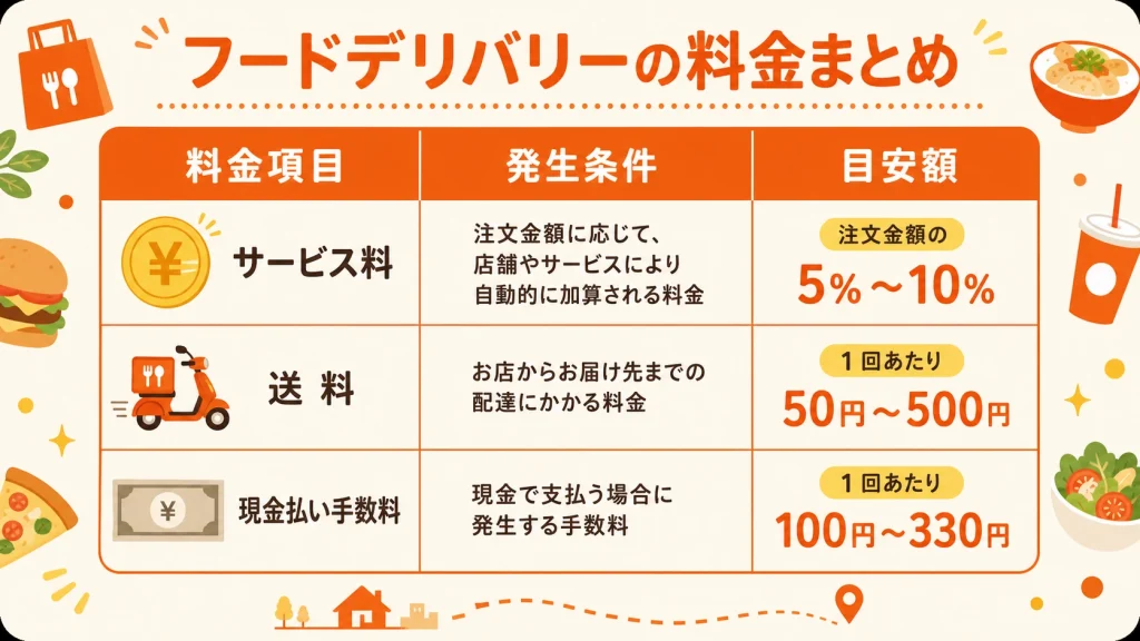出前館で発生する3種類の料金項目(サービス料・送料・現金払い手数料)を発生条件と目安額で並べた比較表