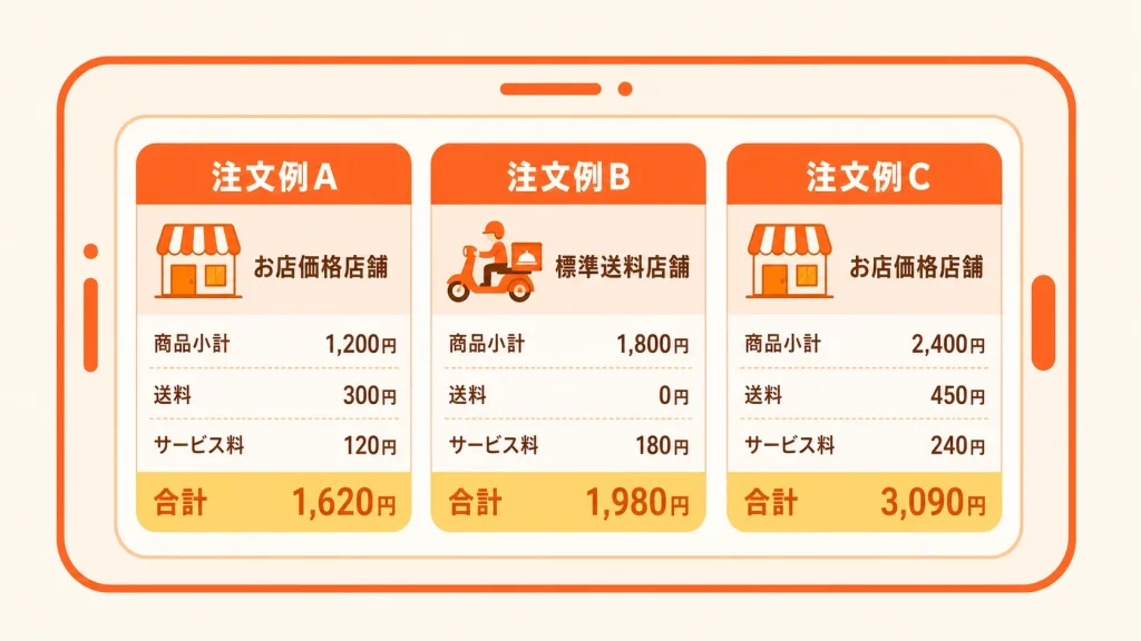 出前館の実注文3例で商品小計・送料・サービス料・合計を並べたサービス料明細サンプル表