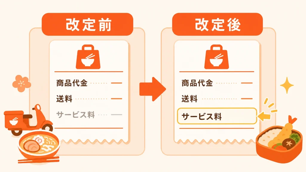 出前館2026年3月1日料金改定前後の商品代金・送料・サービス料の構造を3列で対比した図