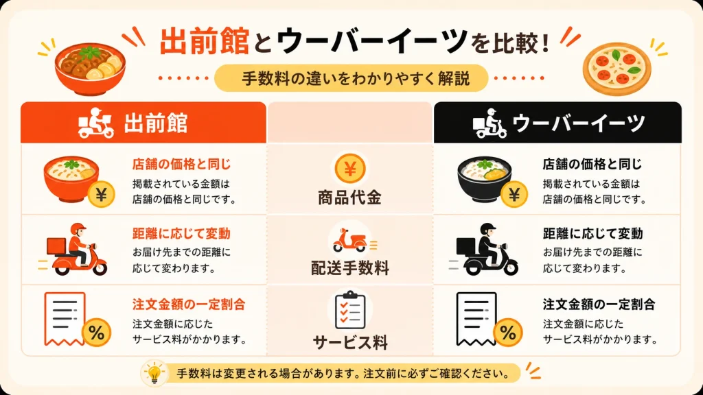 出前館とUber Eats(ウーバーイーツ)の商品代金・配送手数料・サービス料を並べた料金項目3列比較表