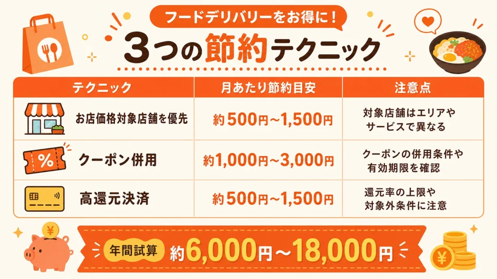 出前館のサービス料節約テクニック(お店価格優先・クーポン併用・高還元決済)と年間試算サマリーの一覧