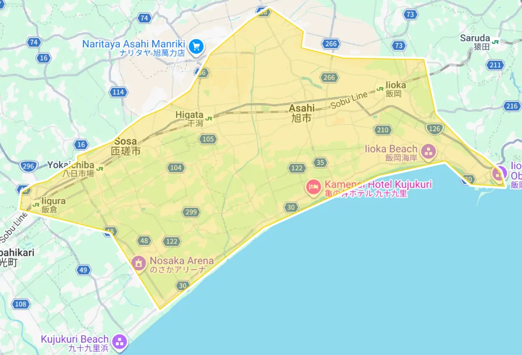 Uber Eats 千葉県旭市・匝瑳市の拡大エリアマップ