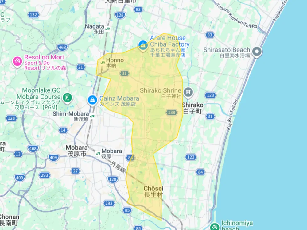 Uber Eats 千葉県茂原市の拡大エリアマップ