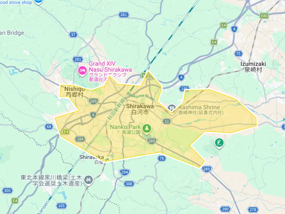 Uber Eats 福島県白河市の拡大エリアマップ