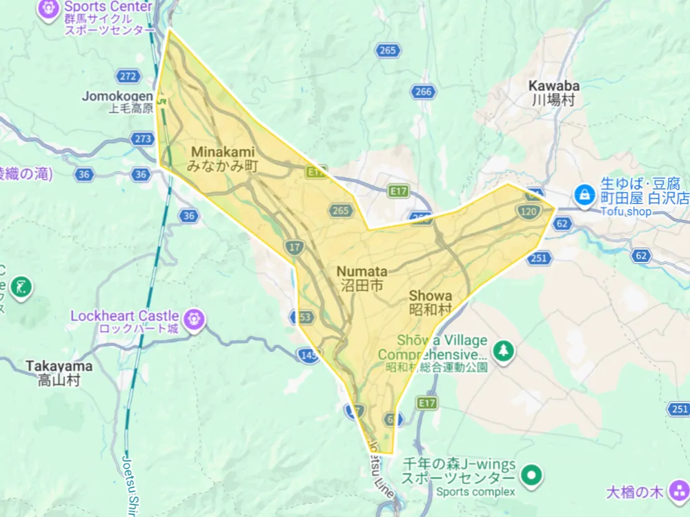 Uber Eats 群馬県沼田市の拡大エリアマップ