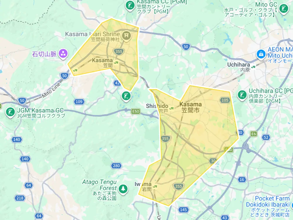 Uber Eats 茨城県笠間市の拡大エリアマップ