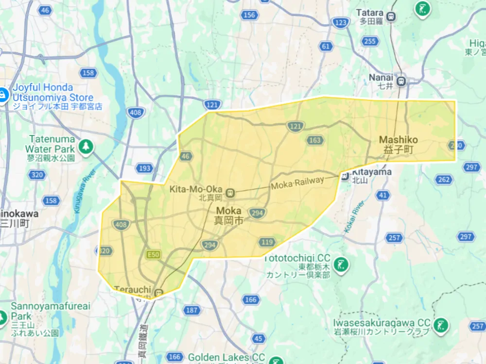 Uber Eats 栃木県真岡市の拡大エリアマップ