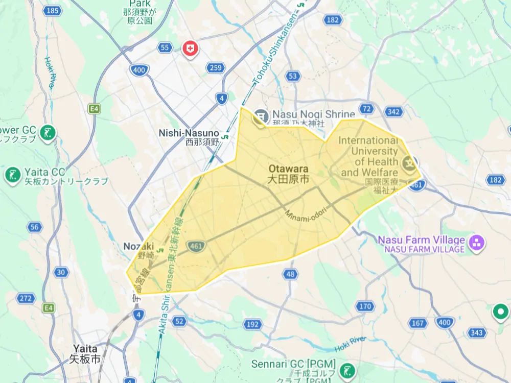Uber Eats 栃木県大田原市の拡大エリアマップ
