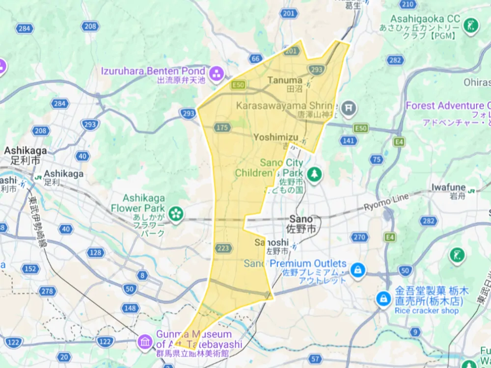 Uber Eats 栃木県佐野市の拡大エリアマップ