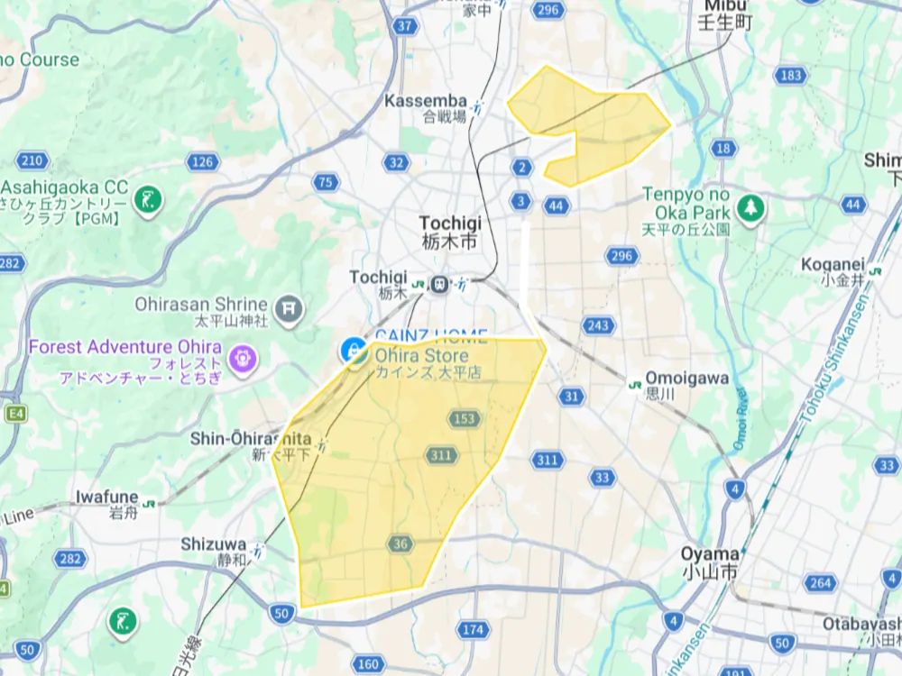 Uber Eats 栃木県栃木市の拡大エリアマップ