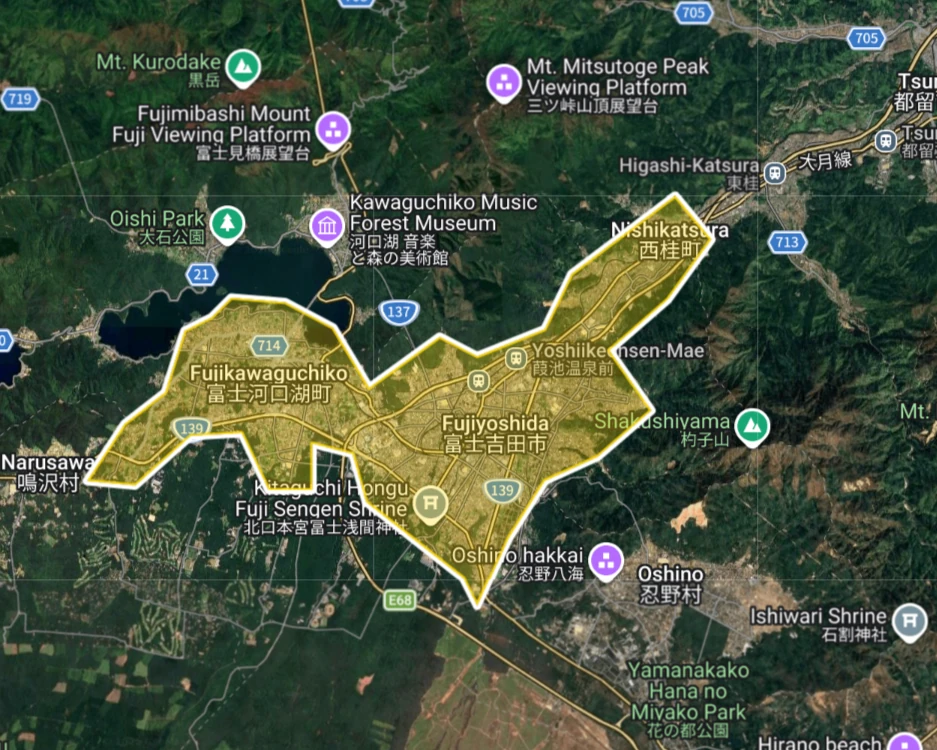 Uber Eats 山梨県富士吉田市・富士河口湖町の拡大エリアマップ