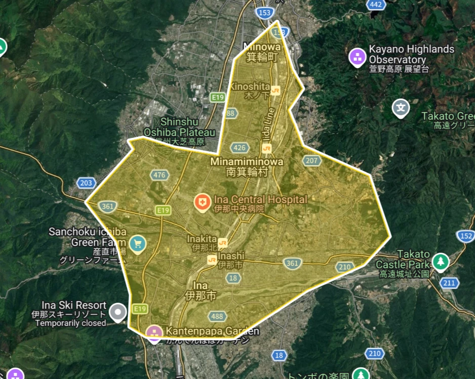 Uber Eats 長野県伊那市の拡大エリアマップ