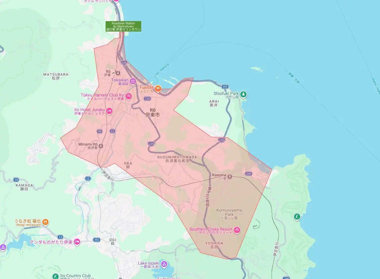 Uber Eats 静岡県伊東市の拡大エリアマップ