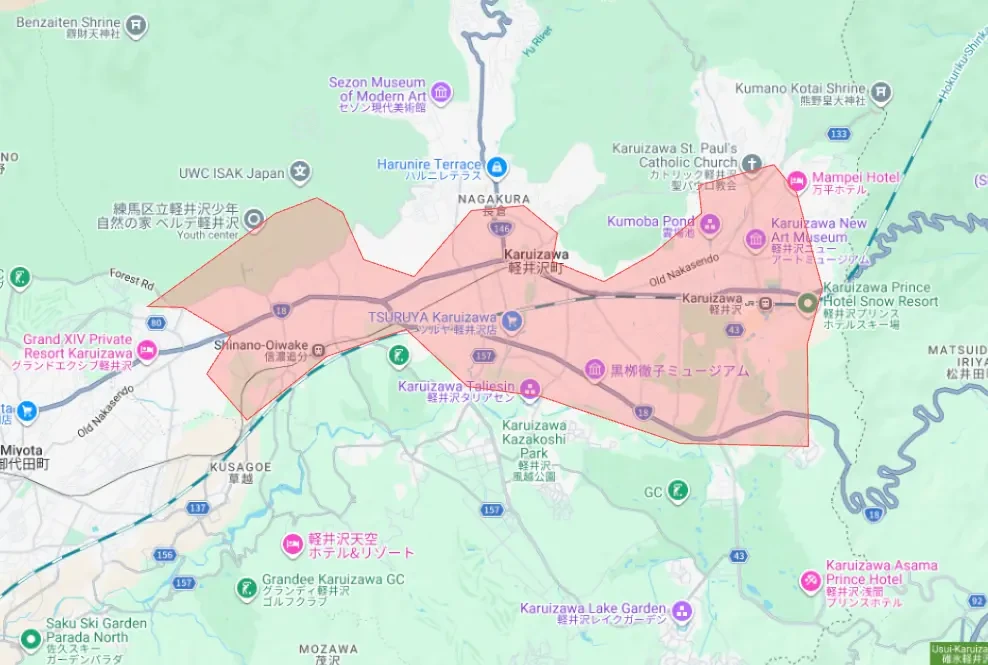 Uber Eats 長野県軽井沢町の拡大エリアマップ