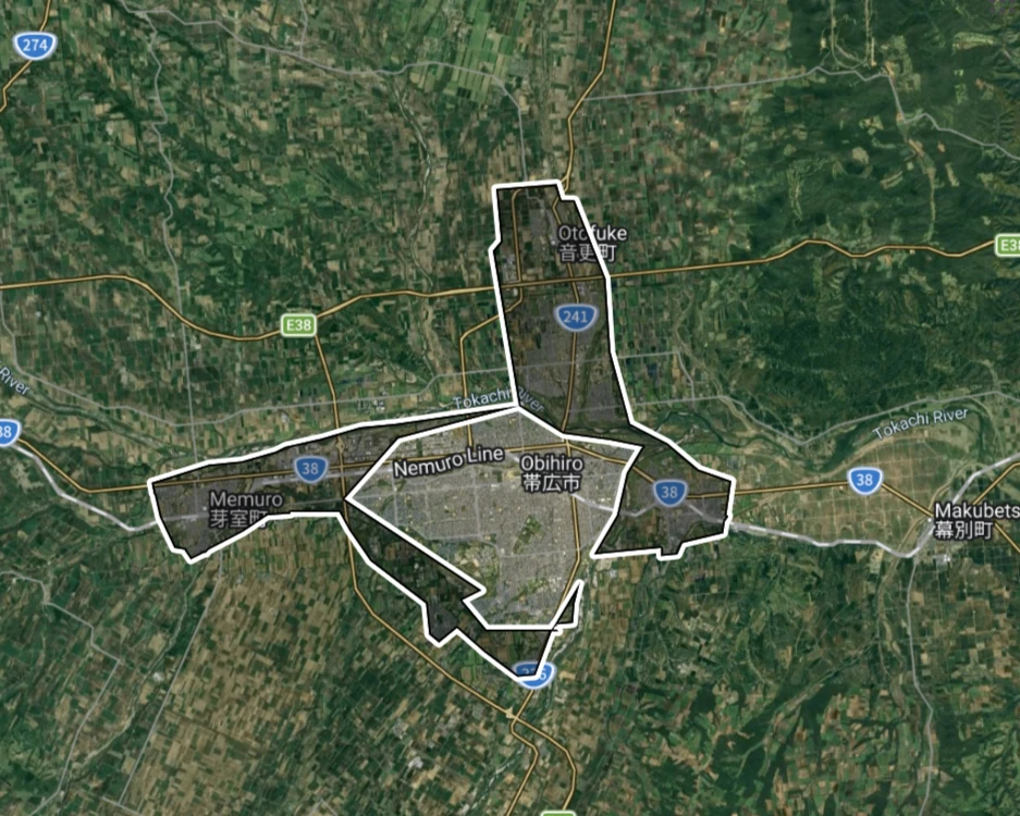 Uber Eats 北海道帯広市の拡大エリアマップ