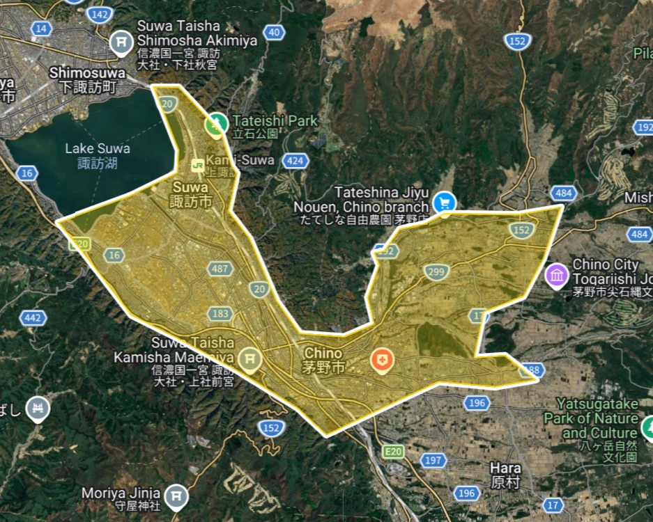 Uber Eats 長野県諏訪市・茅野市の拡大エリアマップ